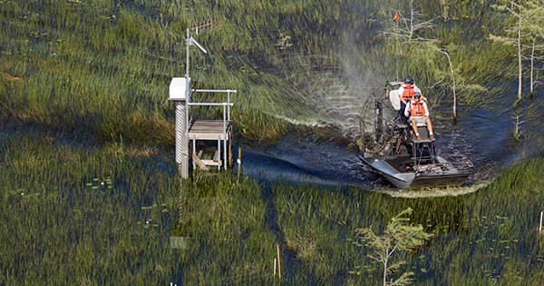 South Florida Water Management District employees John Cain and Yury Makarov travel by airboat to a Loxahatchee Slough water quality monitoring station.
